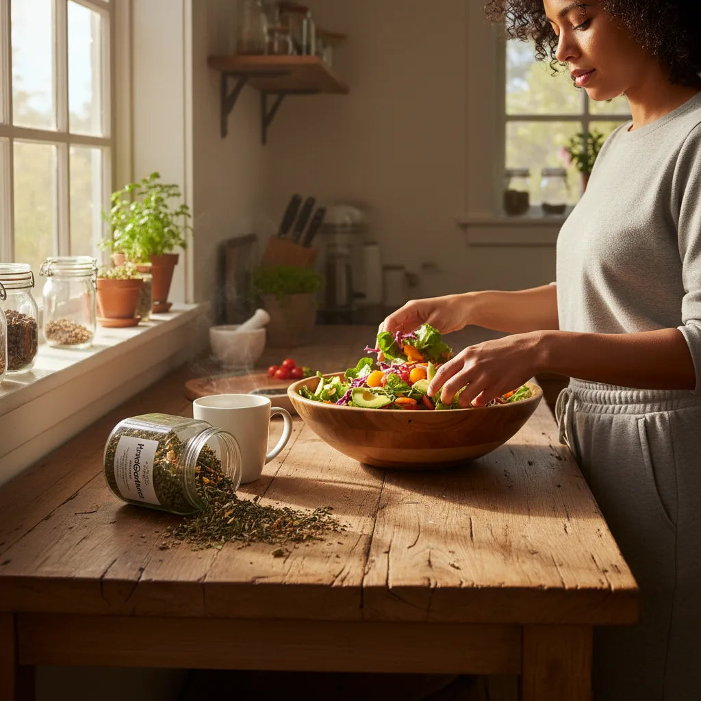 Woman preparing herbal salad in morning kitchen
