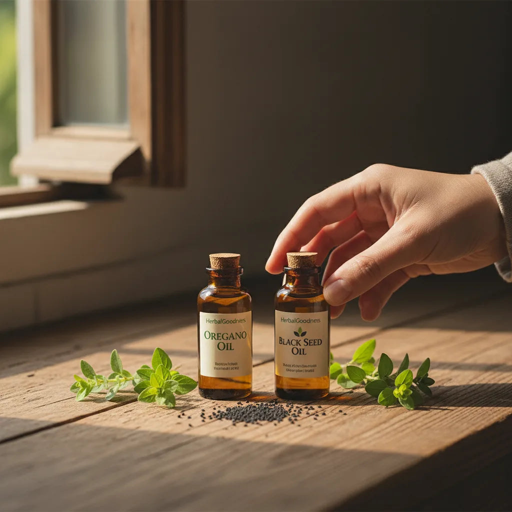 Oregano and black seed oils on counter