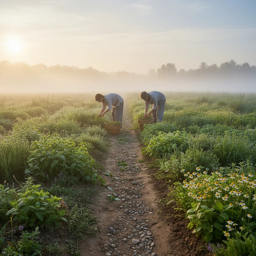 Harvesting herbal tea leaves at sunrise farm