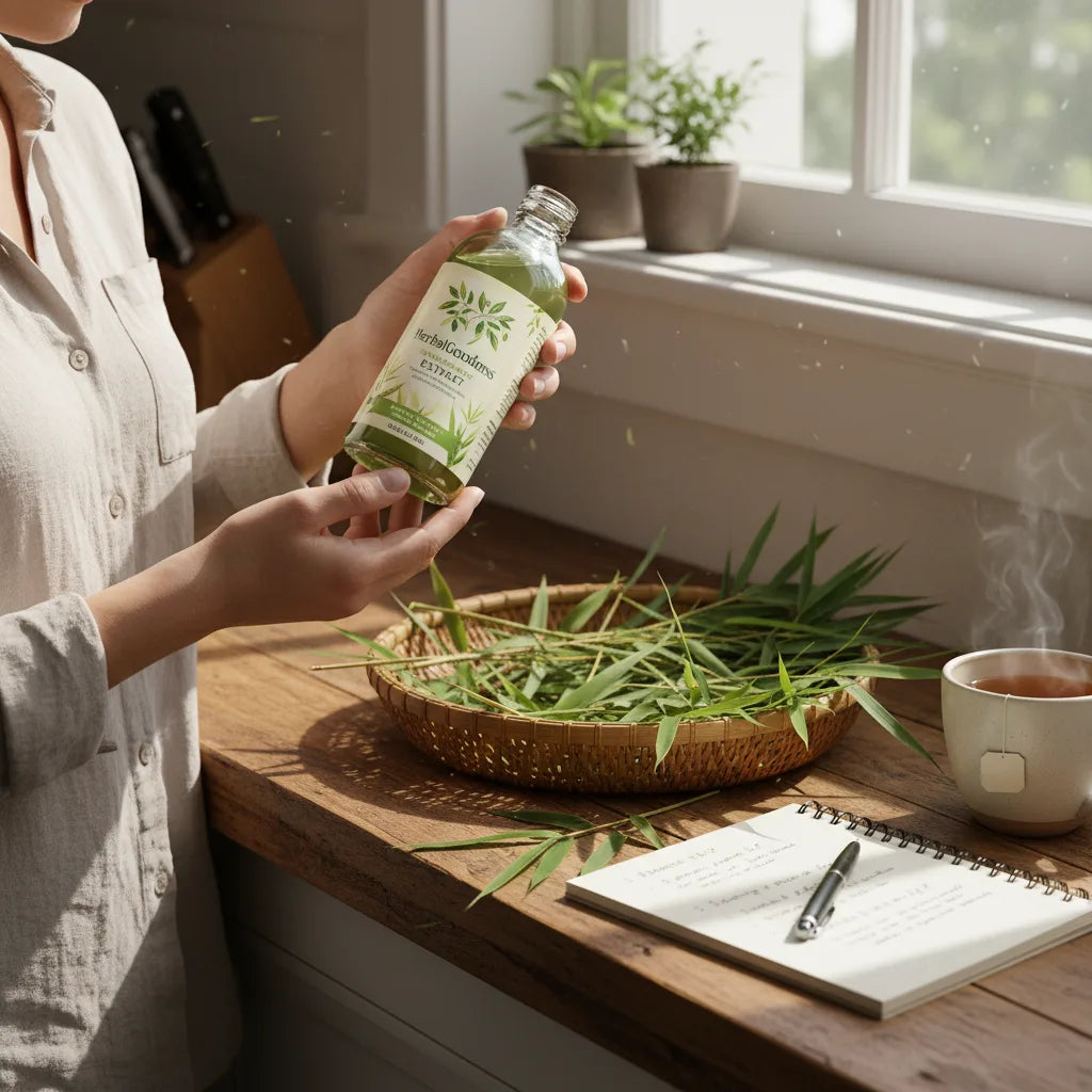 Examining bamboo extract in sunlit kitchen
