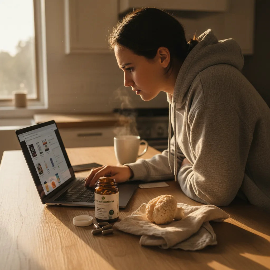 Person researching Lion’s Mane supplement purchase