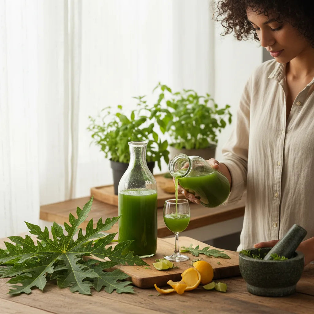 Pouring papaya leaf juice in kitchen