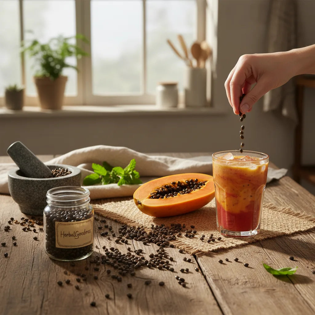 Papaya seeds sprinkled into tropical smoothie
