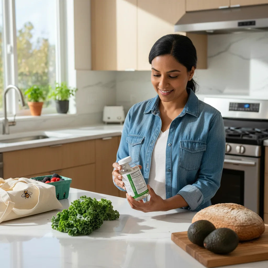 Shopper reading moringa extract label closely