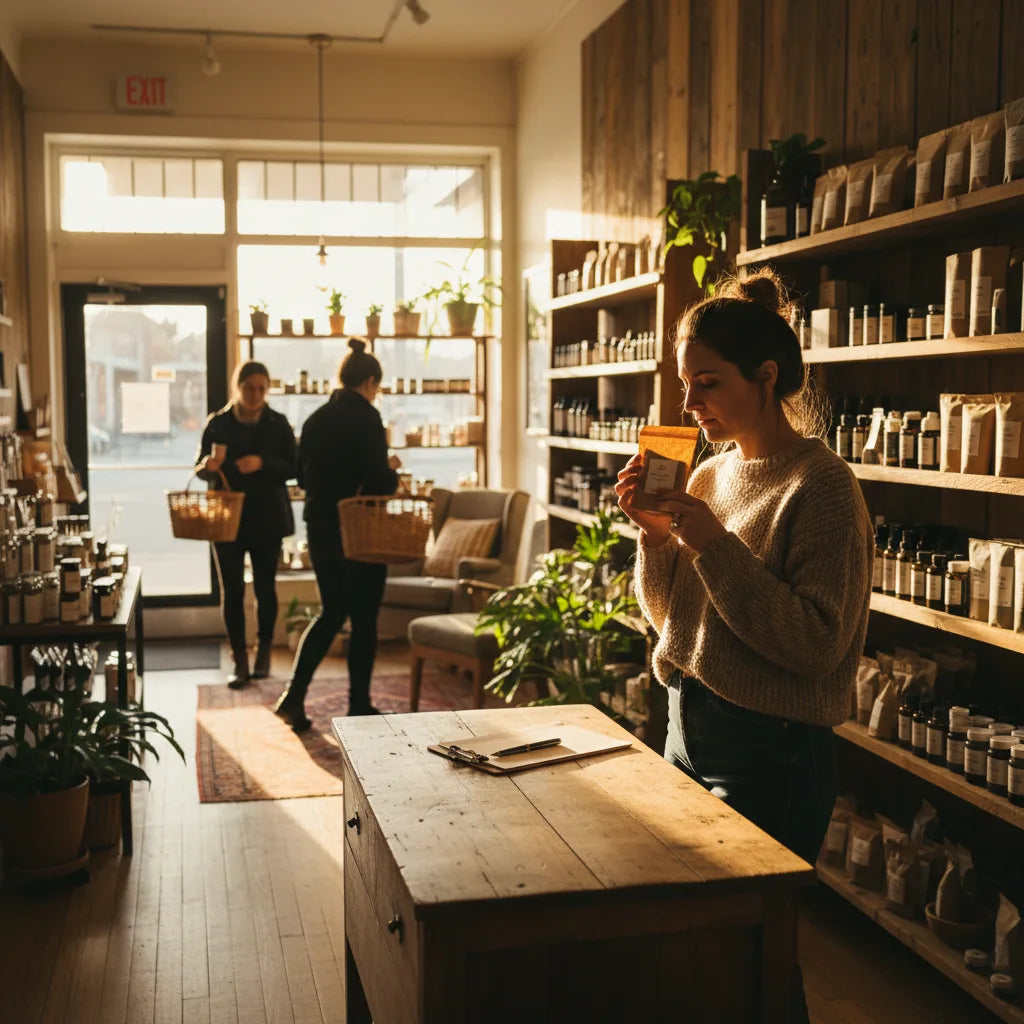 Shop owner reviews new herbal products shelf.