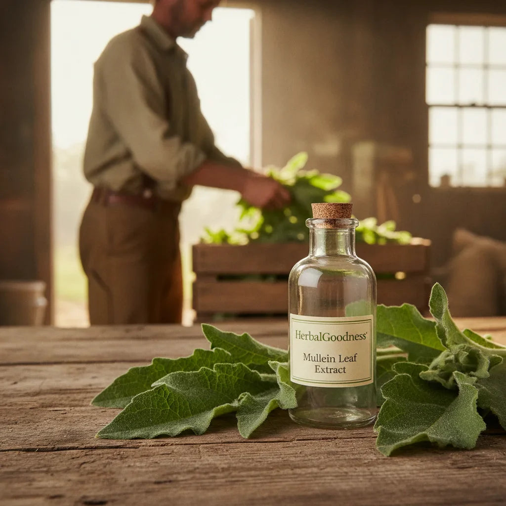Mullein extract bottle and leaves with farmer