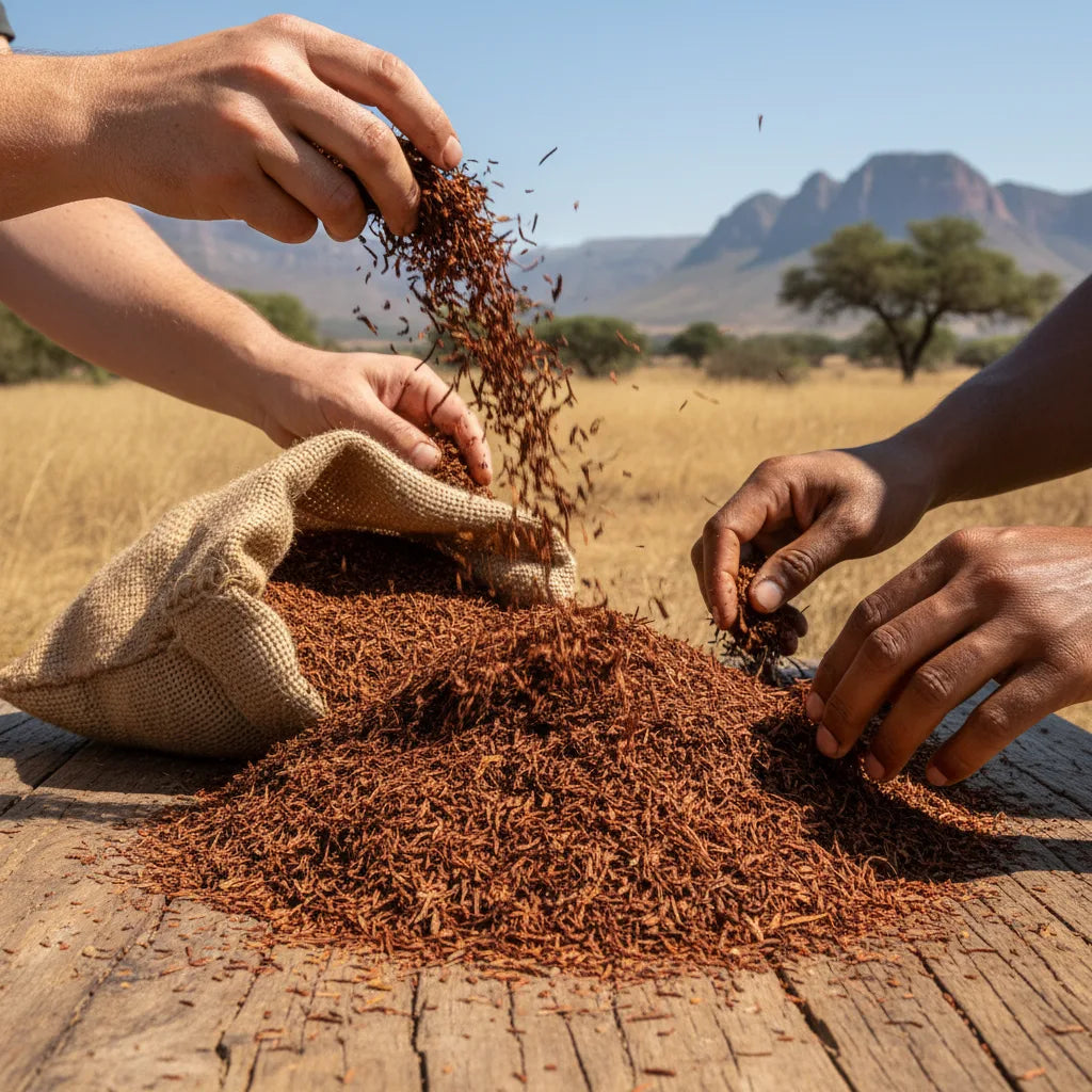 Hands sorting loose rooibos tea outdoors