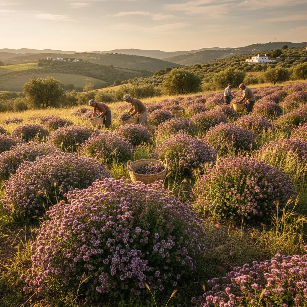 Farmers harvesting oregano in Mediterranean hillside.