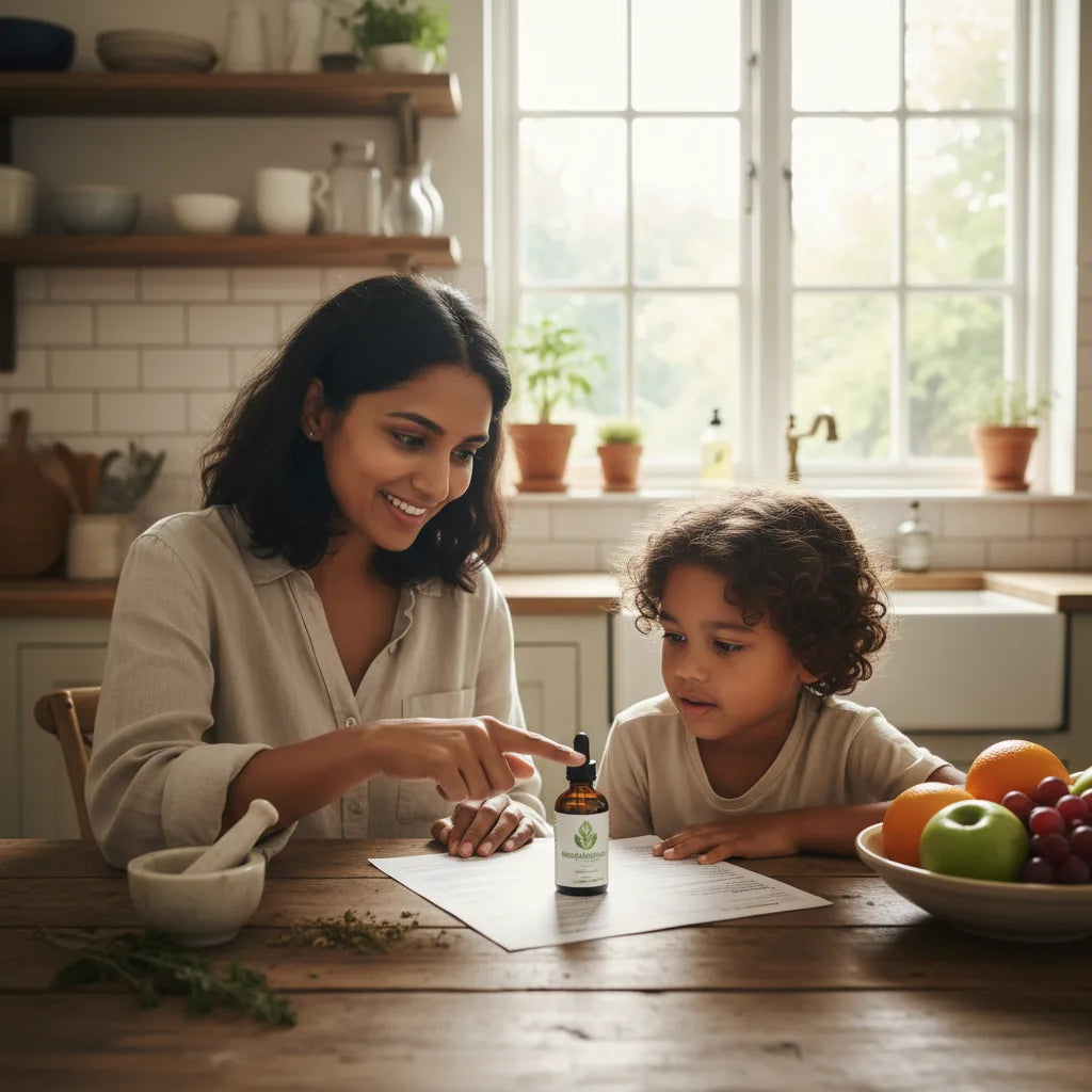 Parent and child read supplement label thoughtfully