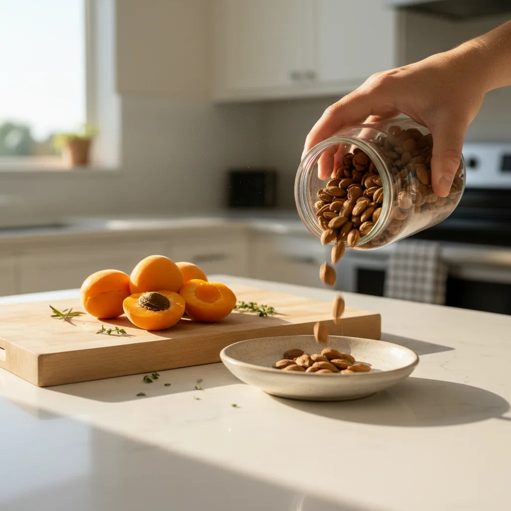 Home kitchen scene with apricot seeds preparation