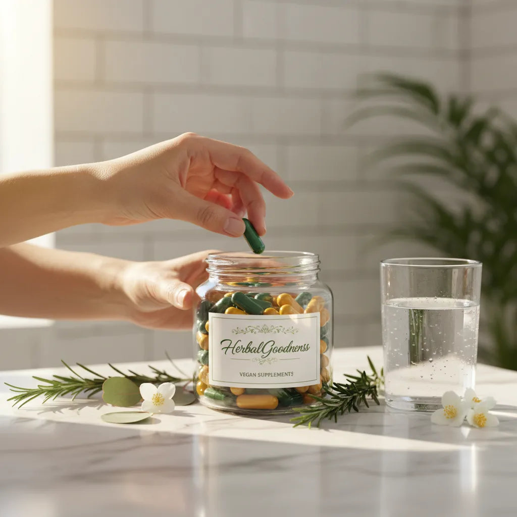 Hands choosing vegan supplement in sunlight