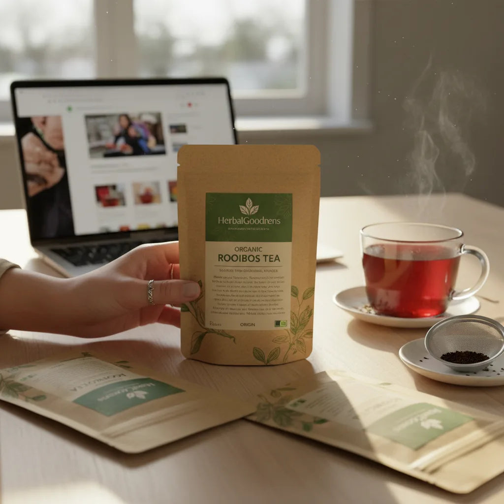 Hand inspecting rooibos tea label sunlight