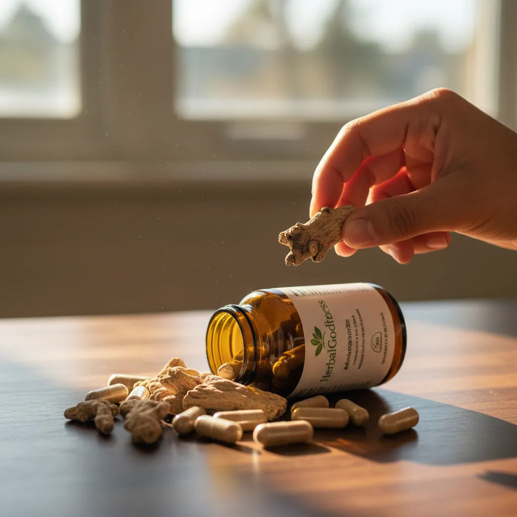 Hand inspects ashwagandha root beside bottle