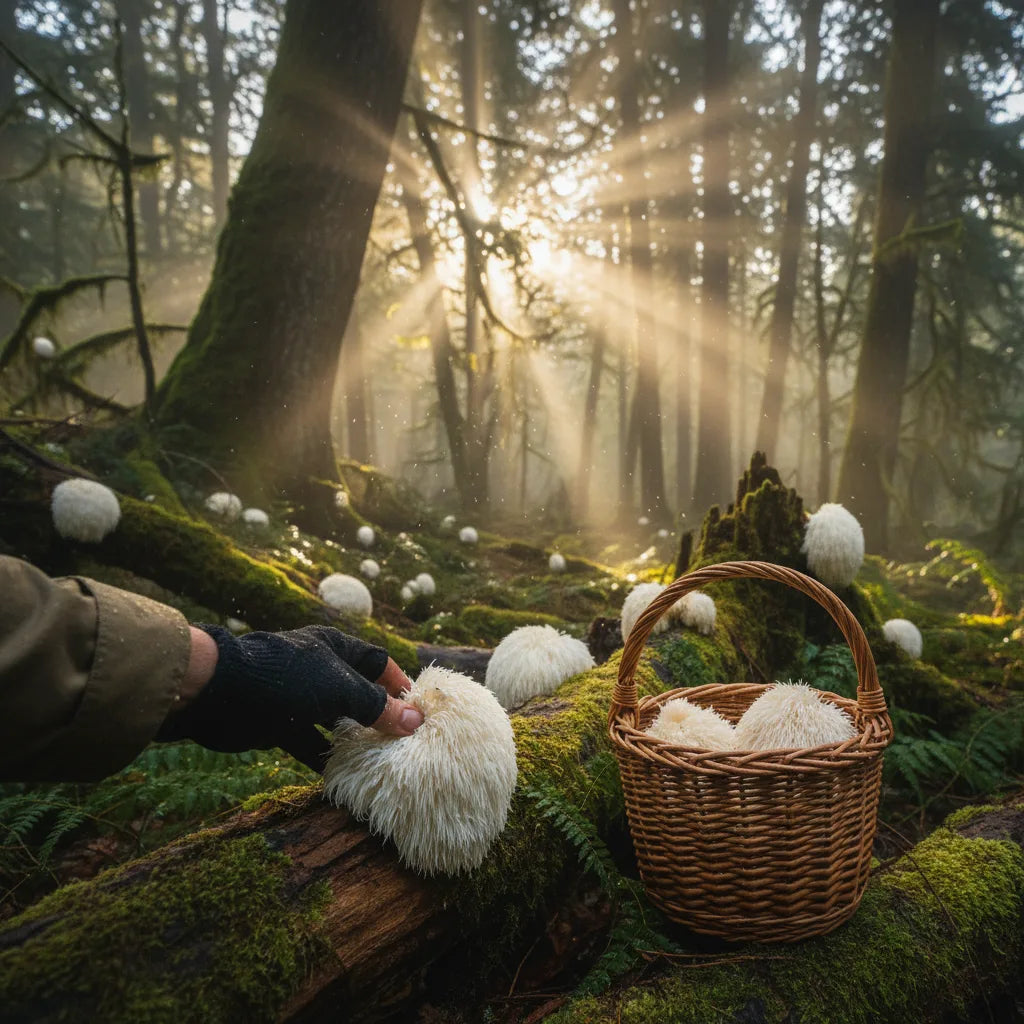 Hand harvesting lion’s mane in wild forest