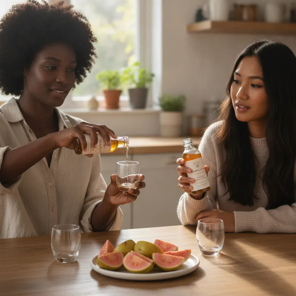 Friends sampling guava herbal liquid together