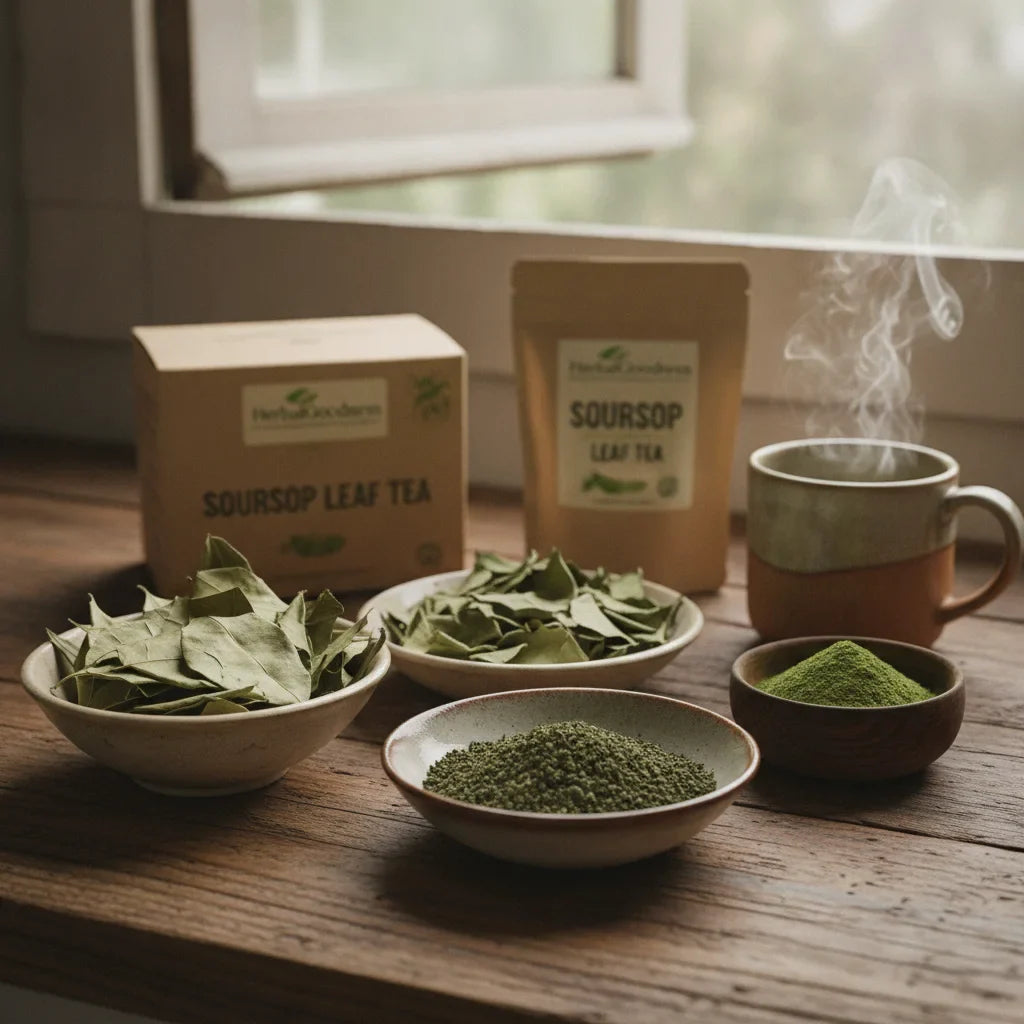 Four grades of soursop tea by window