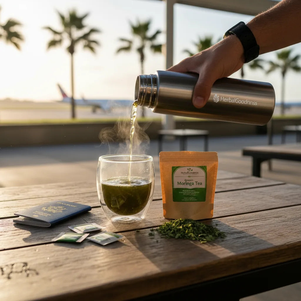 Traveler pours moringa tea at airport lounge