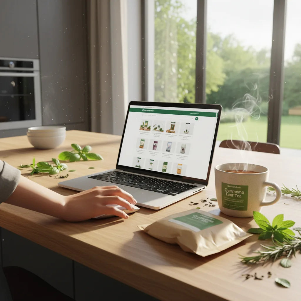 Browsing Gymnema tea online in kitchen