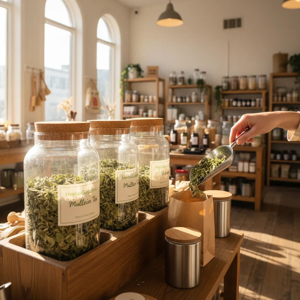 Bulk mullein tea station in sunlight