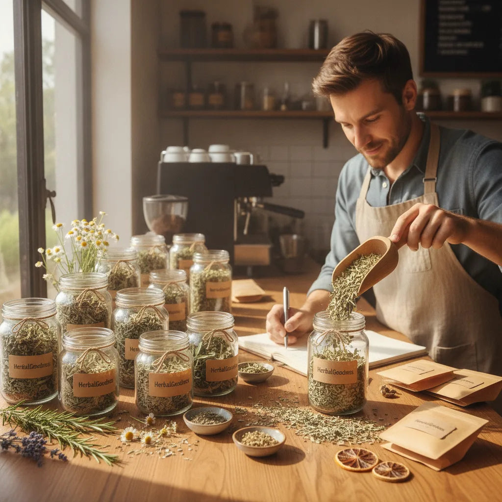 Café counter displays diverse bulk herbal samples