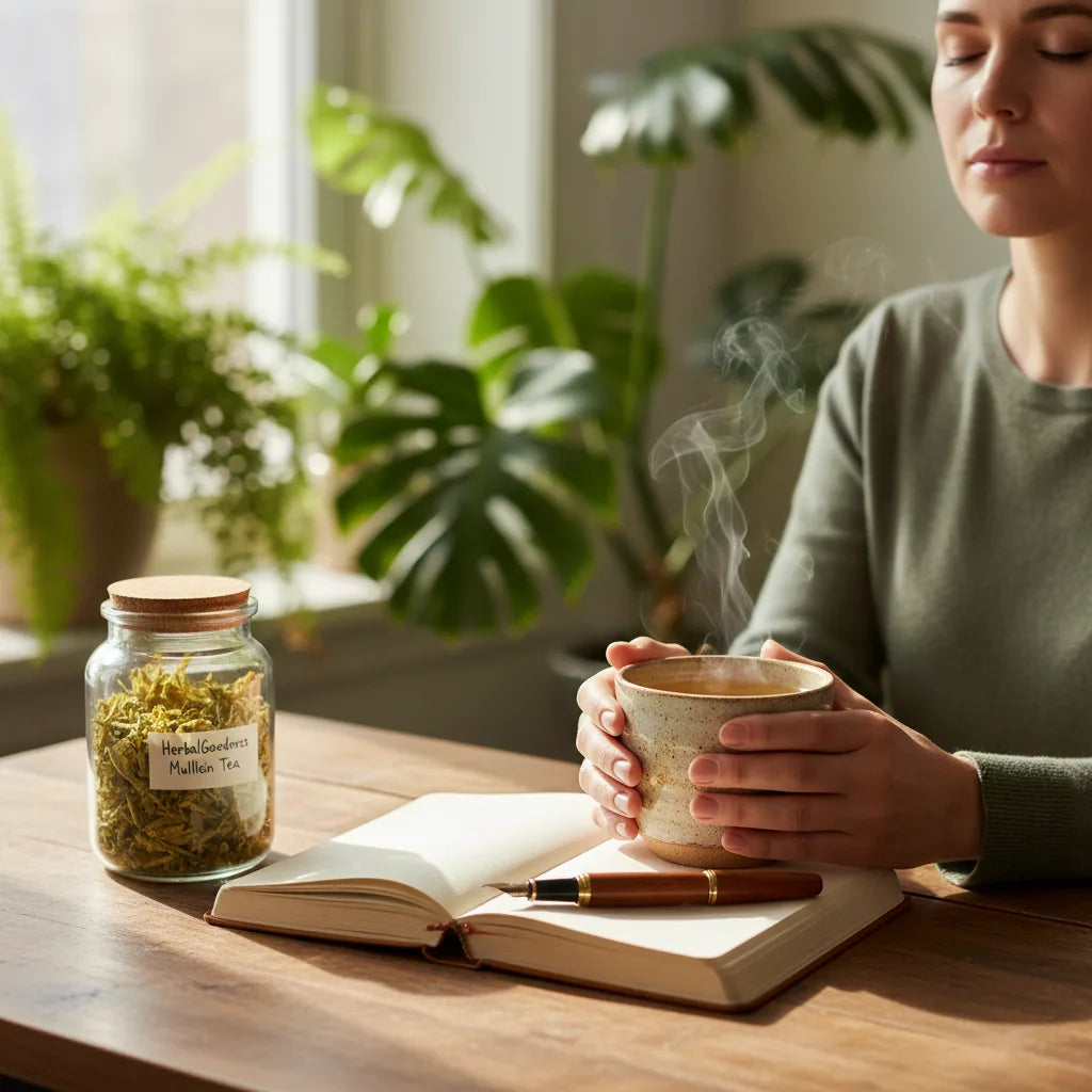 Mindful mullein tea ritual by window