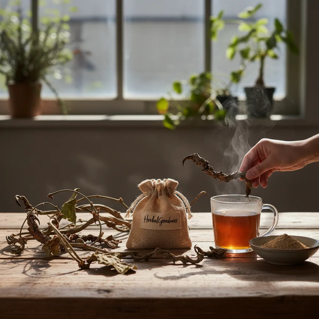 Preparing cat’s claw tea with fresh ingredients