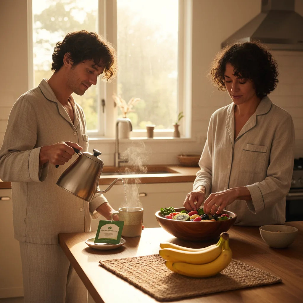 Couple prepares plant-based breakfast in sunlight
