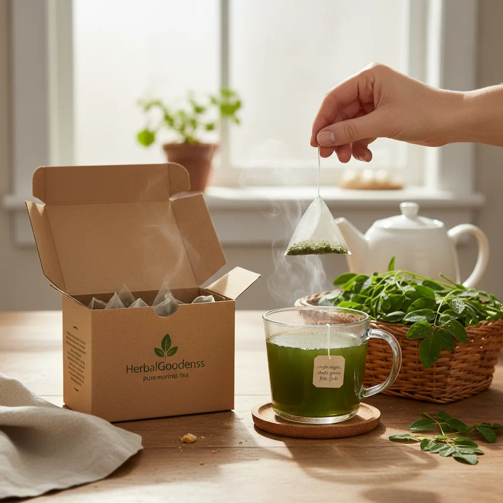 Hand examines labeled HerbalGoodness moringa tea bag