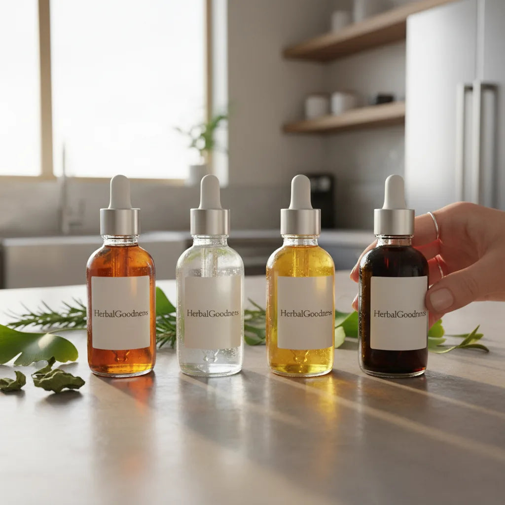 Assorted extract droppers among fresh botanicals