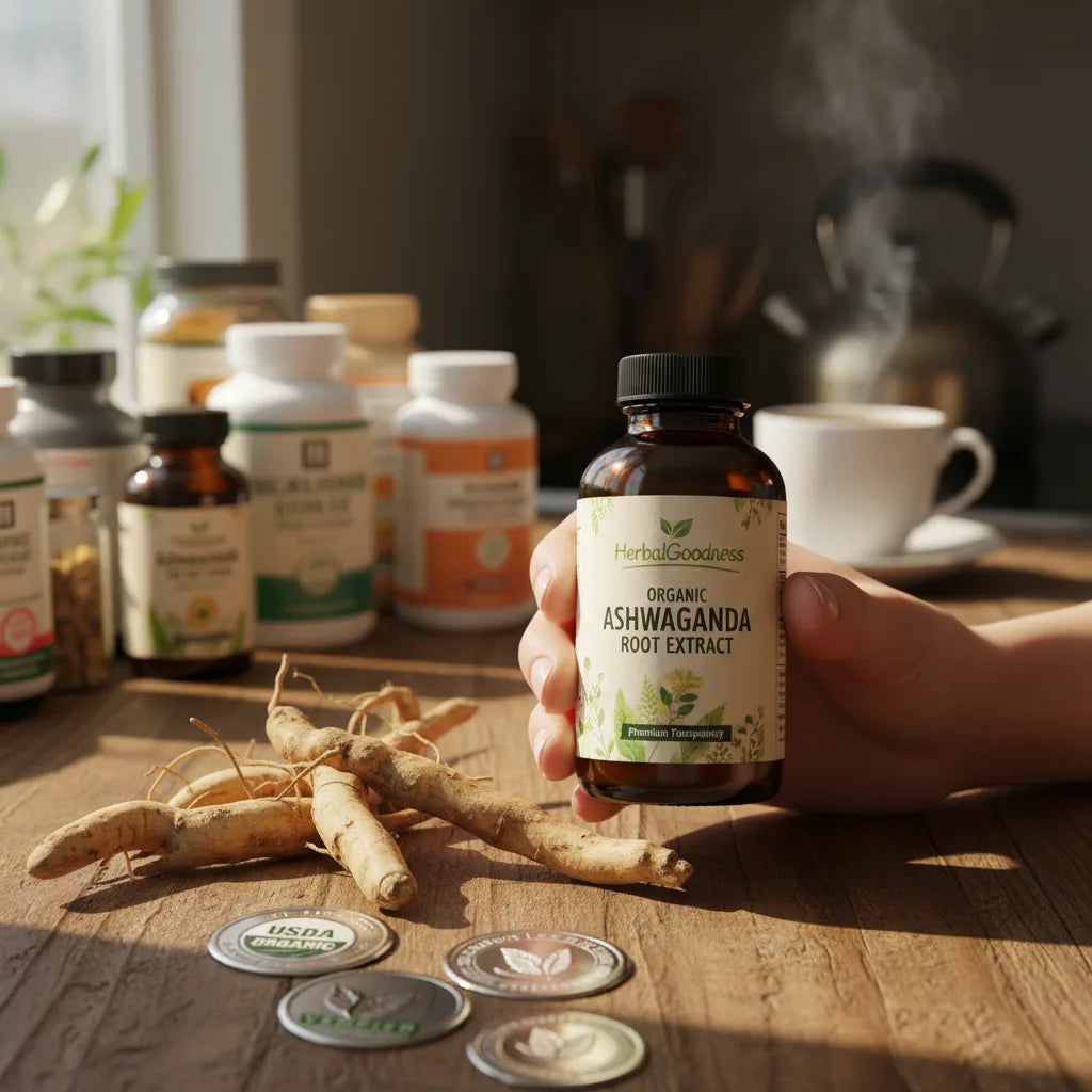 Hand examines ashwagandha supplement bottle label