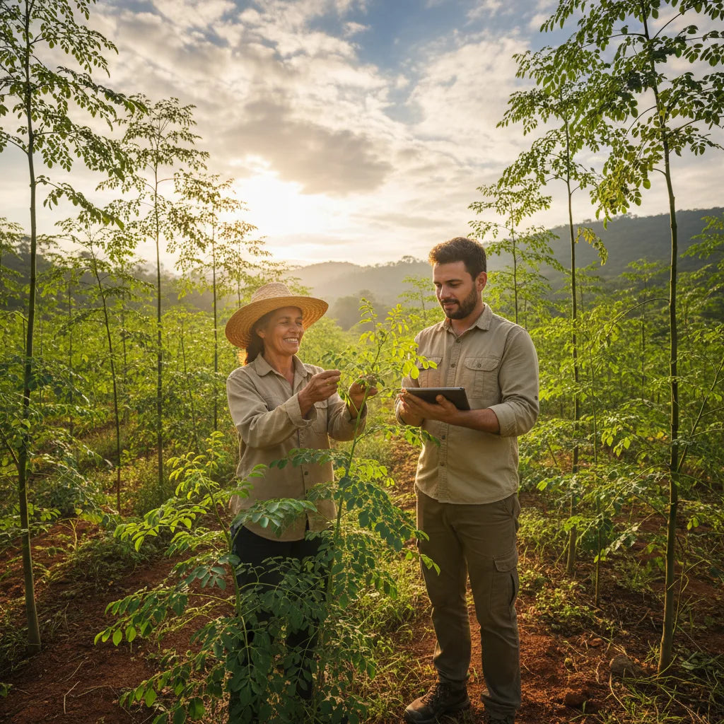 Experts examine fresh moringa leaves outdoors