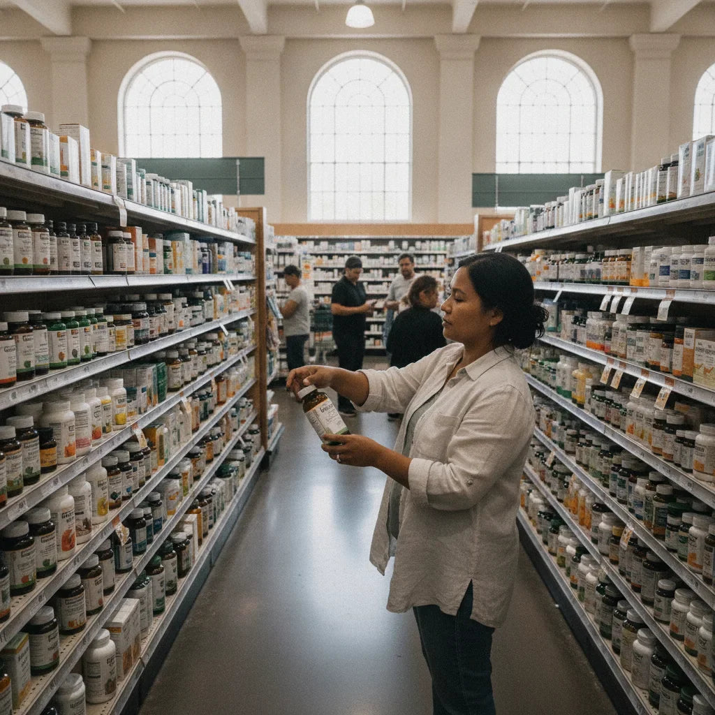 Shopper selects guava supplement in supermarket aisle