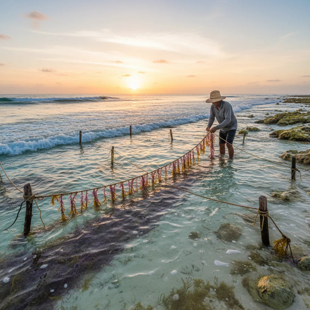 Farmer harvesting sea moss at sunrise
