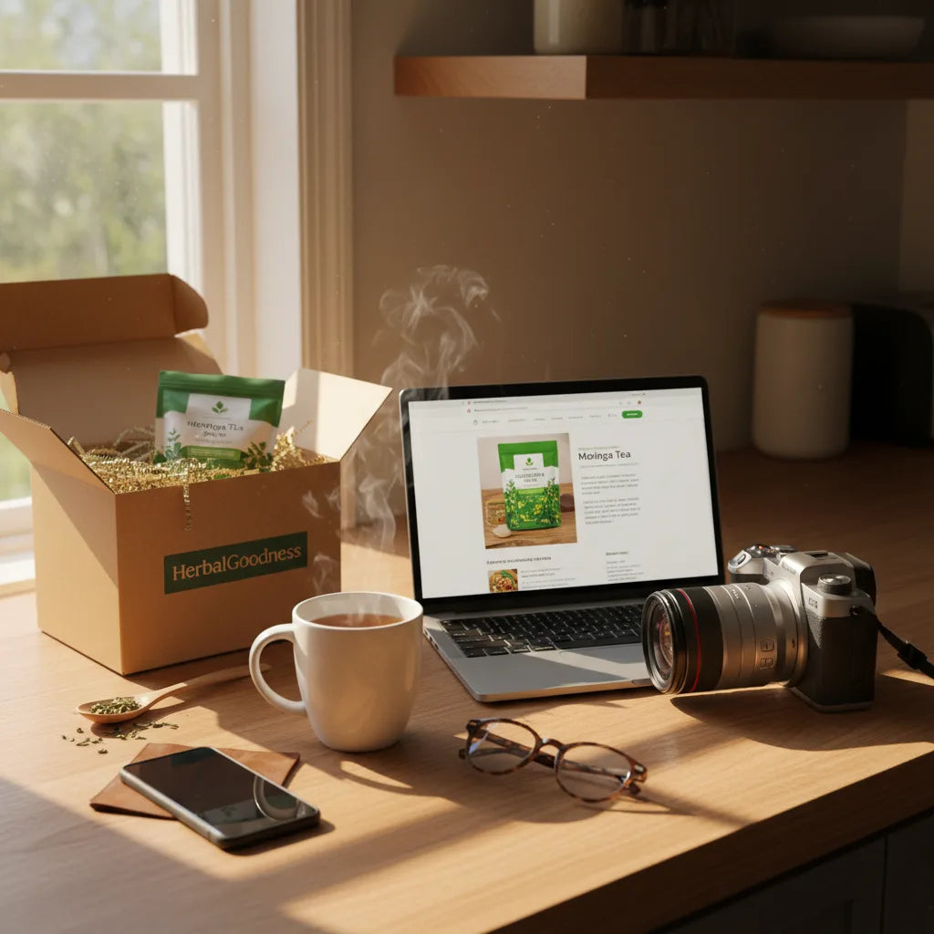 Unboxing HerbalGoodness moringa tea by window