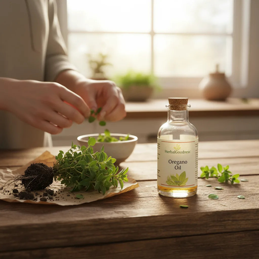 Oregano oil and fresh herbs in kitchen