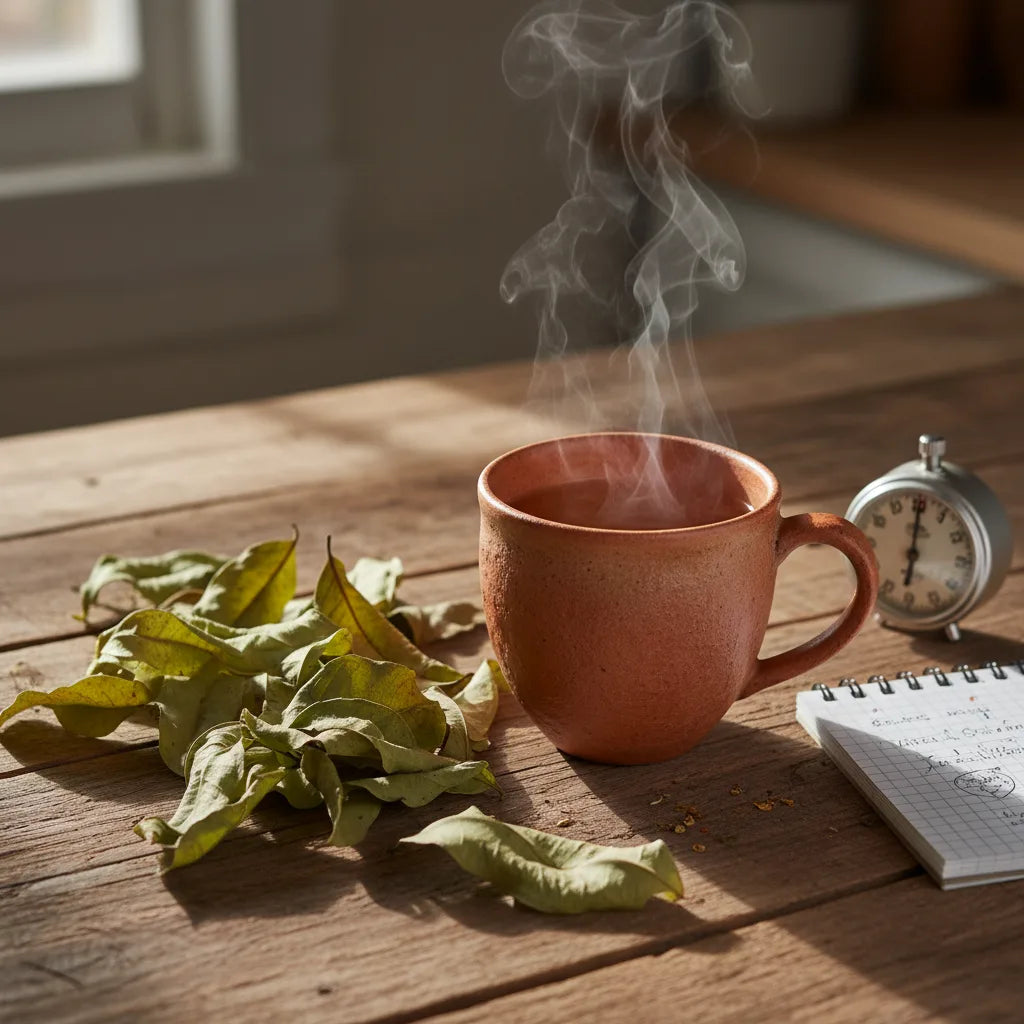 Freshly brewed soursop tea and leaves