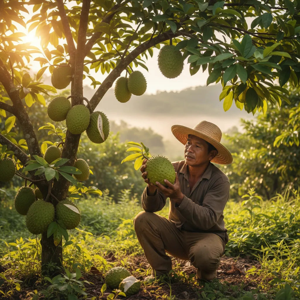 Farmer inspects ripe soursop fruit orchard