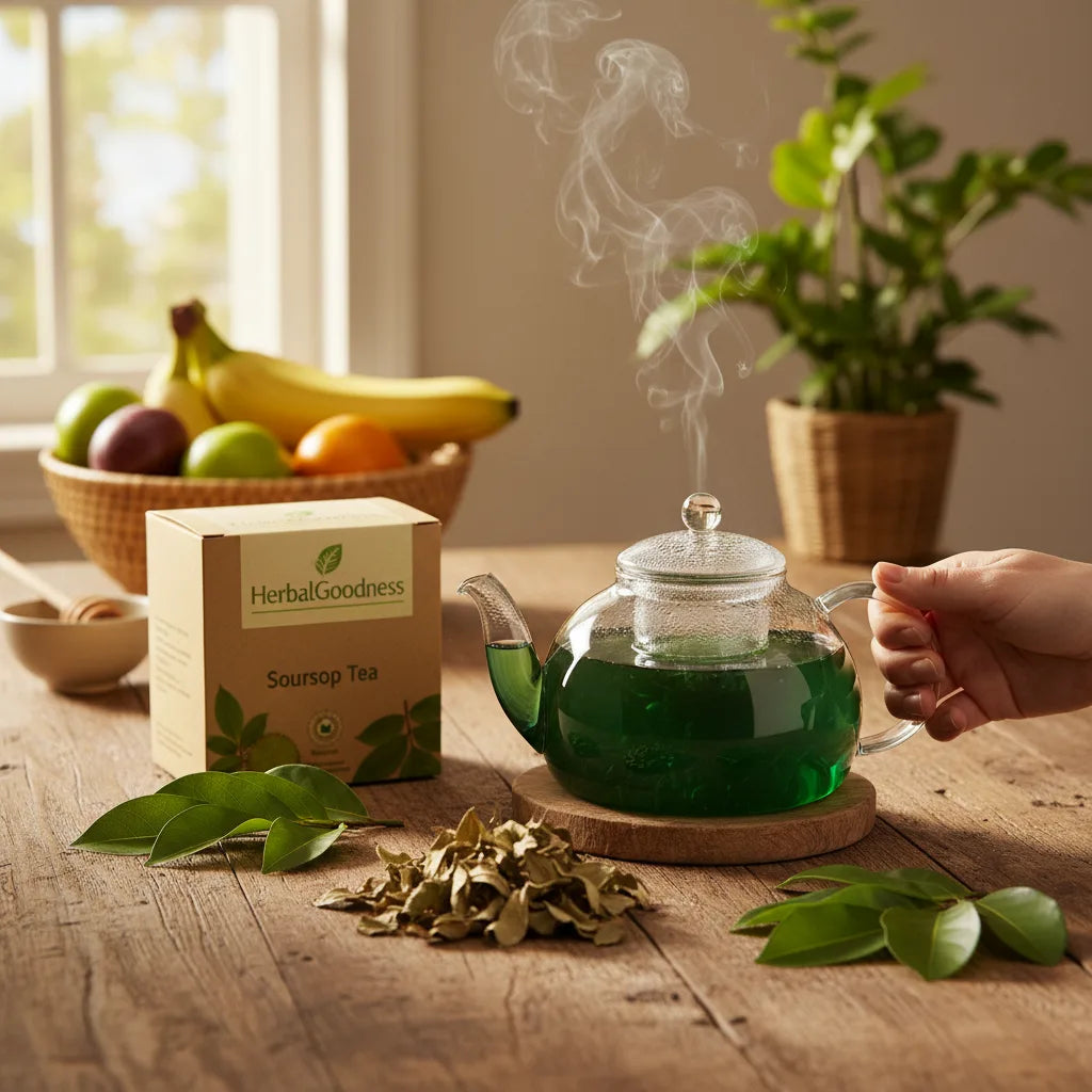 Soursop tea steeping in morning kitchen light