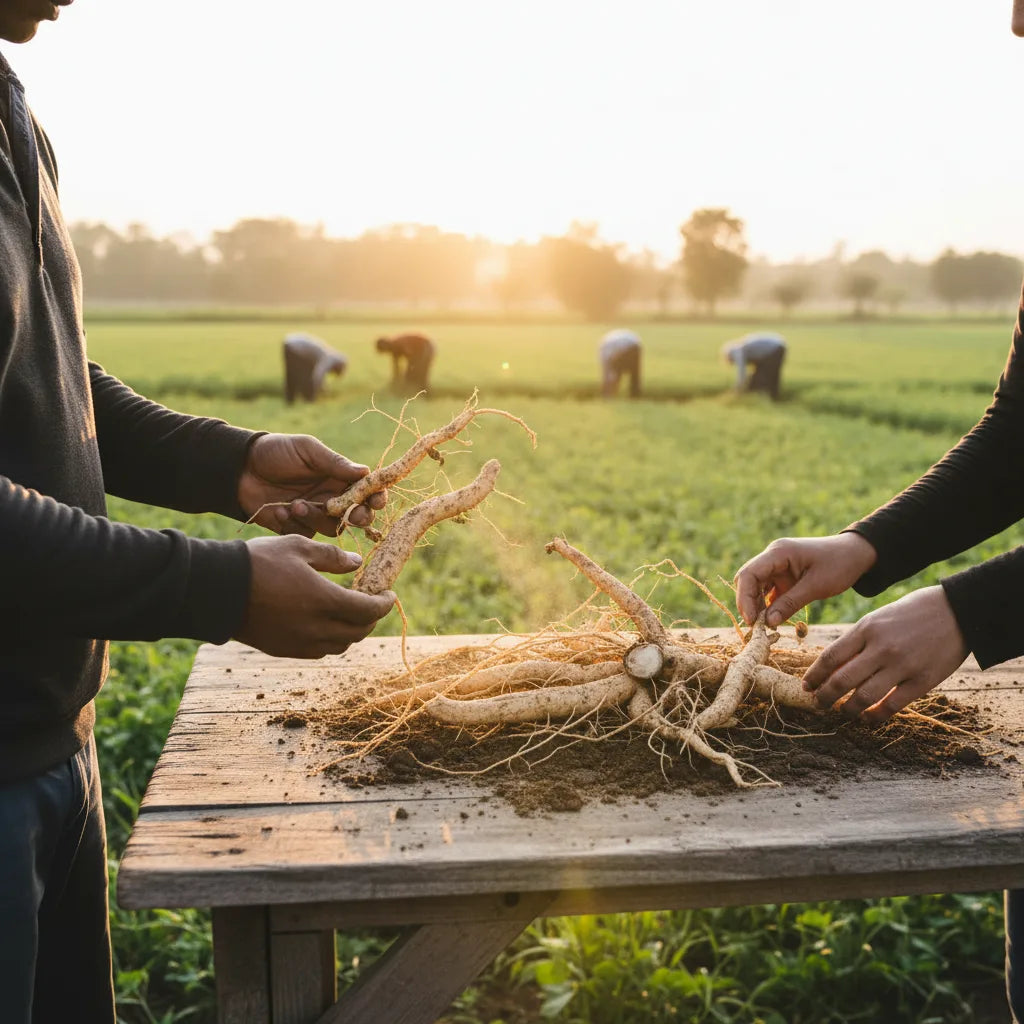 Hands inspecting ashwagandha roots at harvest