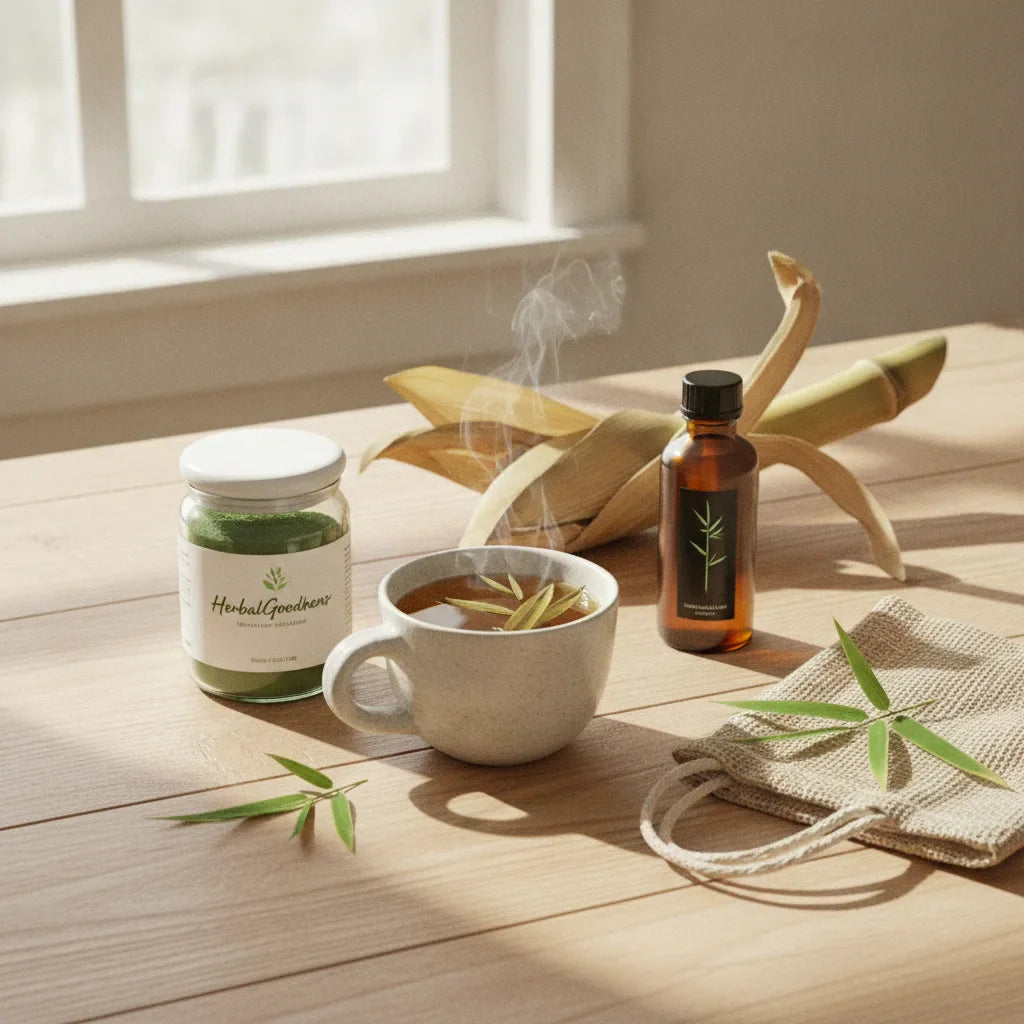 Bamboo extracts powder, tea, and liquid displayed