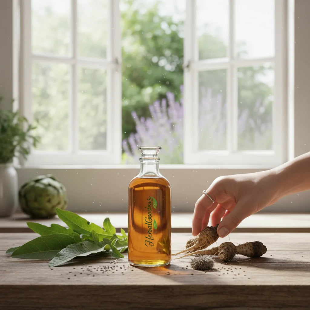Selecting herbal extracts in sunlit kitchen