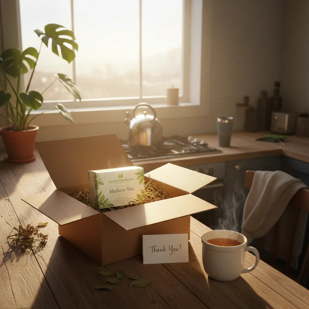 Unboxing HerbalGoodness mullein tea in kitchen
