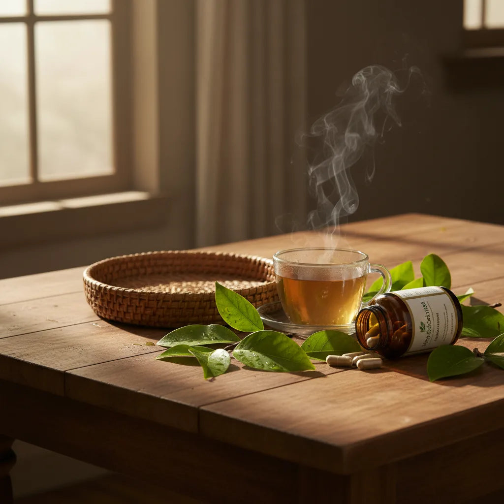 Fresh soursop leaves and capsules on table