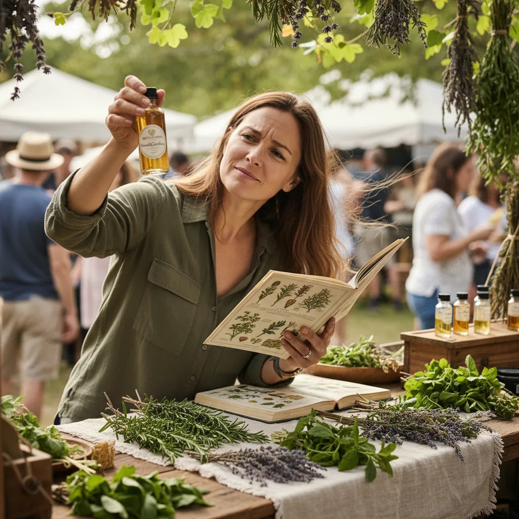 Woman reading herbal label at market apothecary