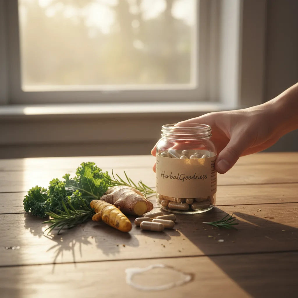 HerbalGoodness capsules and herbs at sunrise