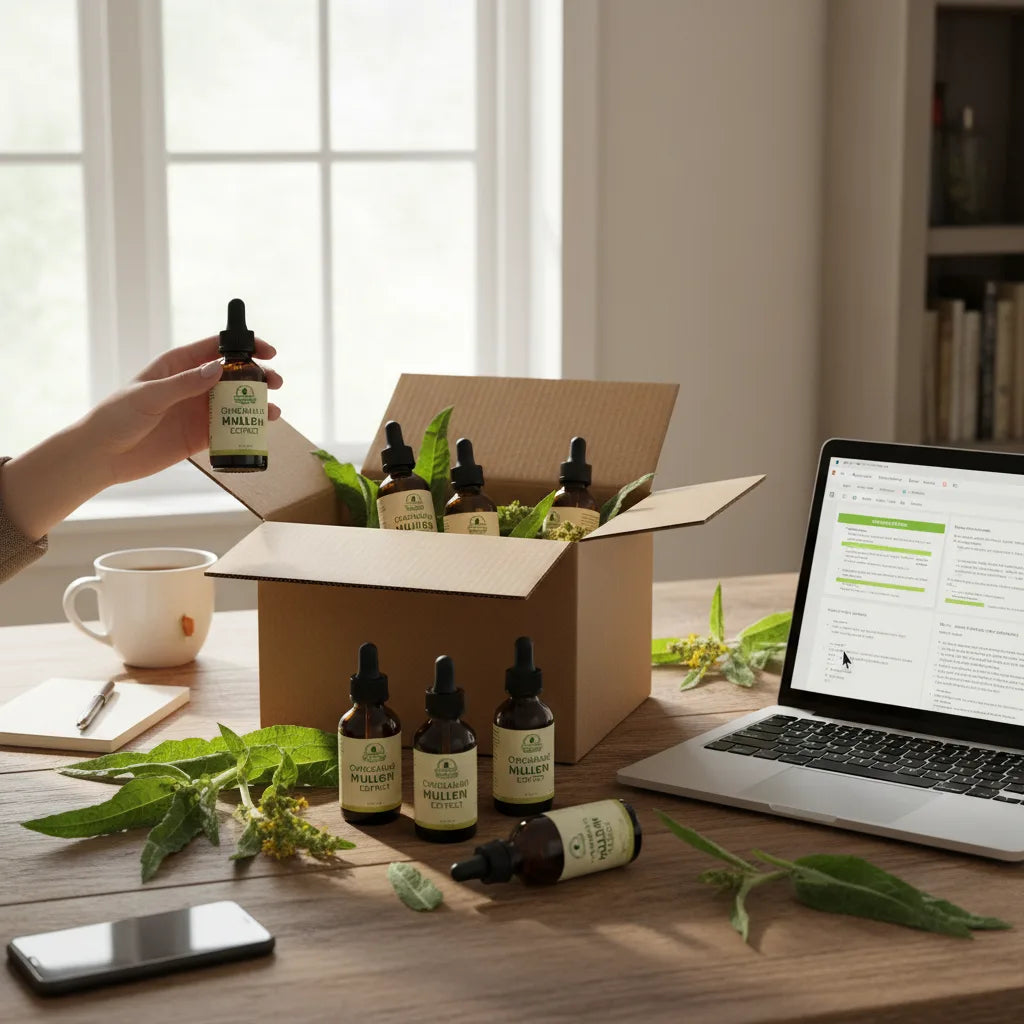 Person inspecting HerbalGoodness mullein extract bottle