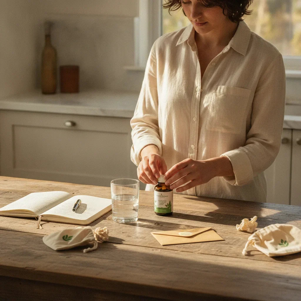 Sampling supplement in sunlit kitchen with journaling