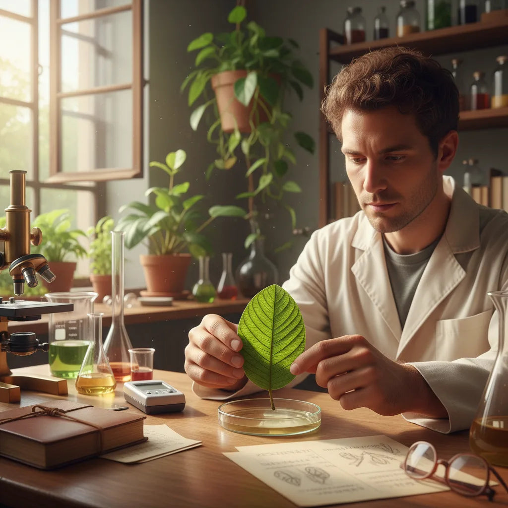 Scientist studying guava leaf in lab