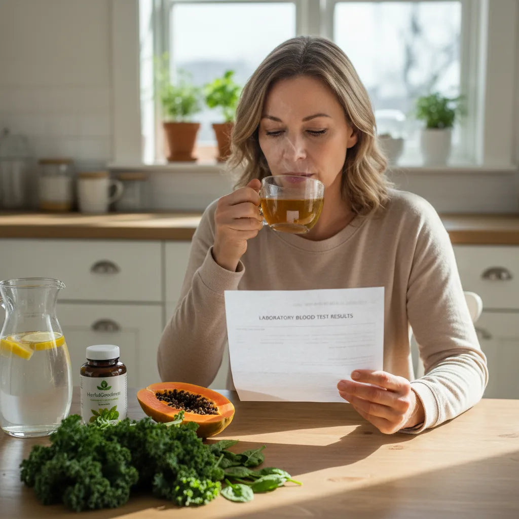 Woman reviewing lab results with tea