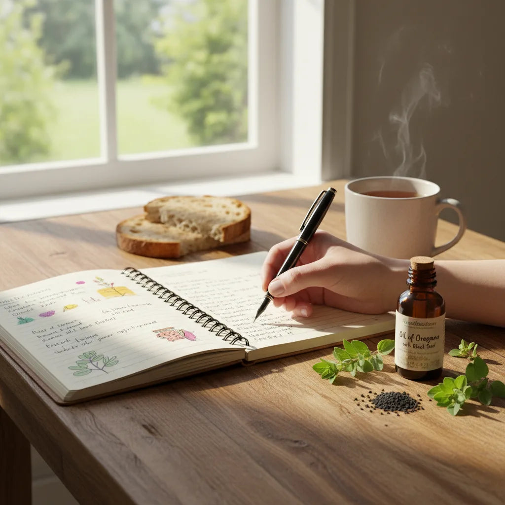 Journaling with oil of oregano bottle naturally